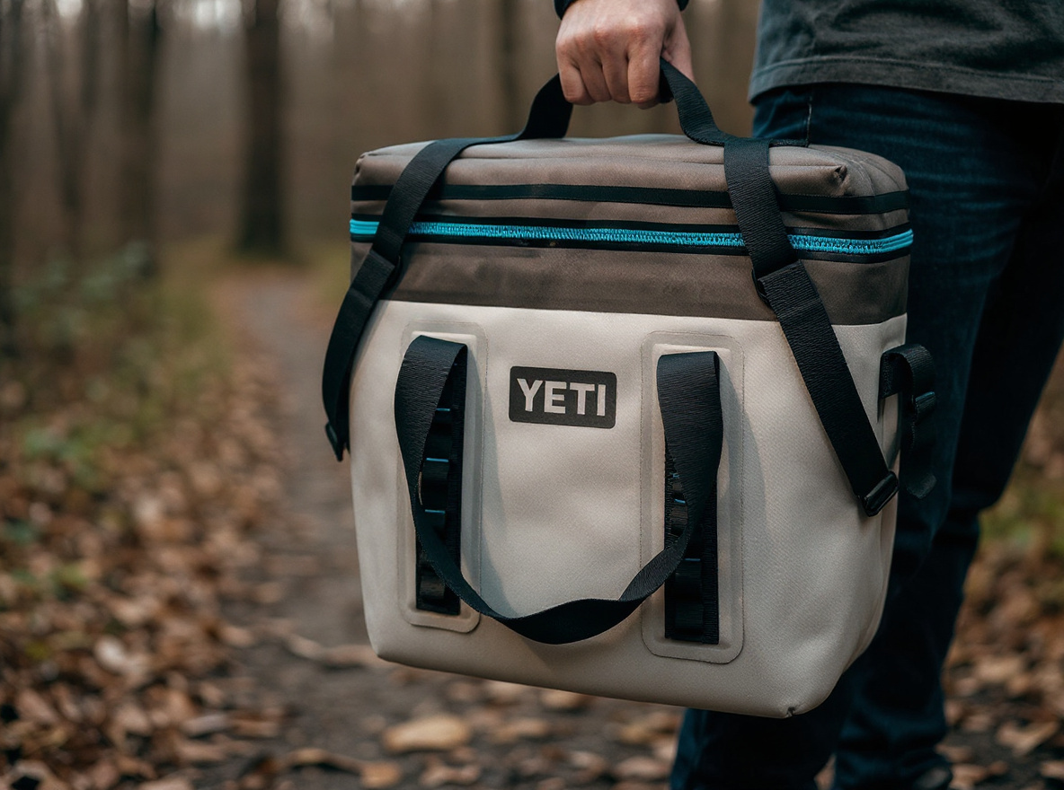 A soft-sided cooler bag carried on a trail