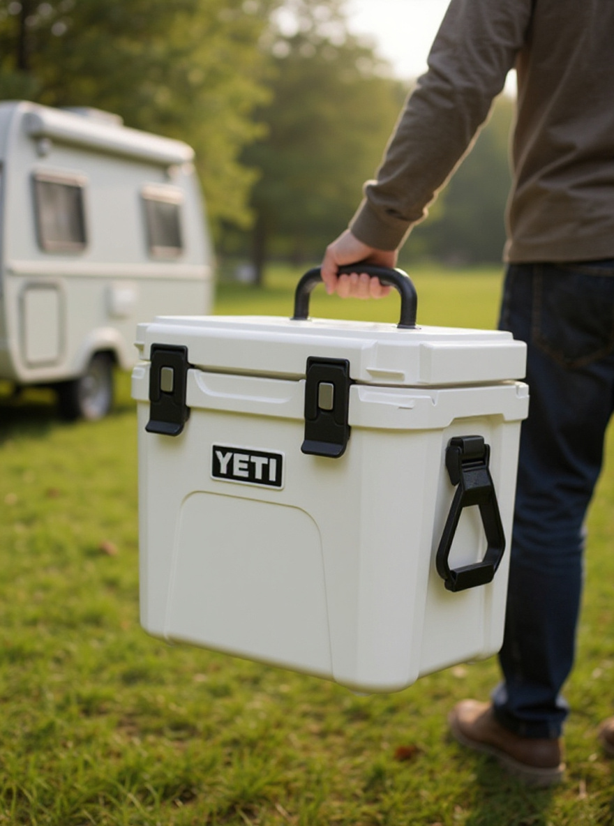 A person carrying a compact white hard cooler by its handle away from a camper van