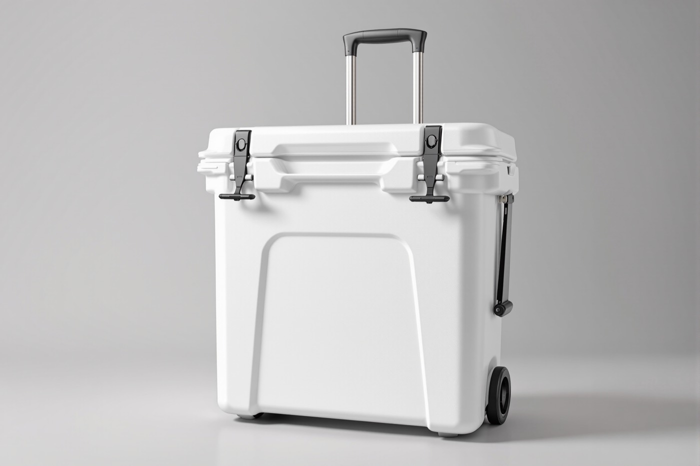 Illustration of a tall narrow wheeled hard cooler, upright on two wheels with a telescoping pull handle extended