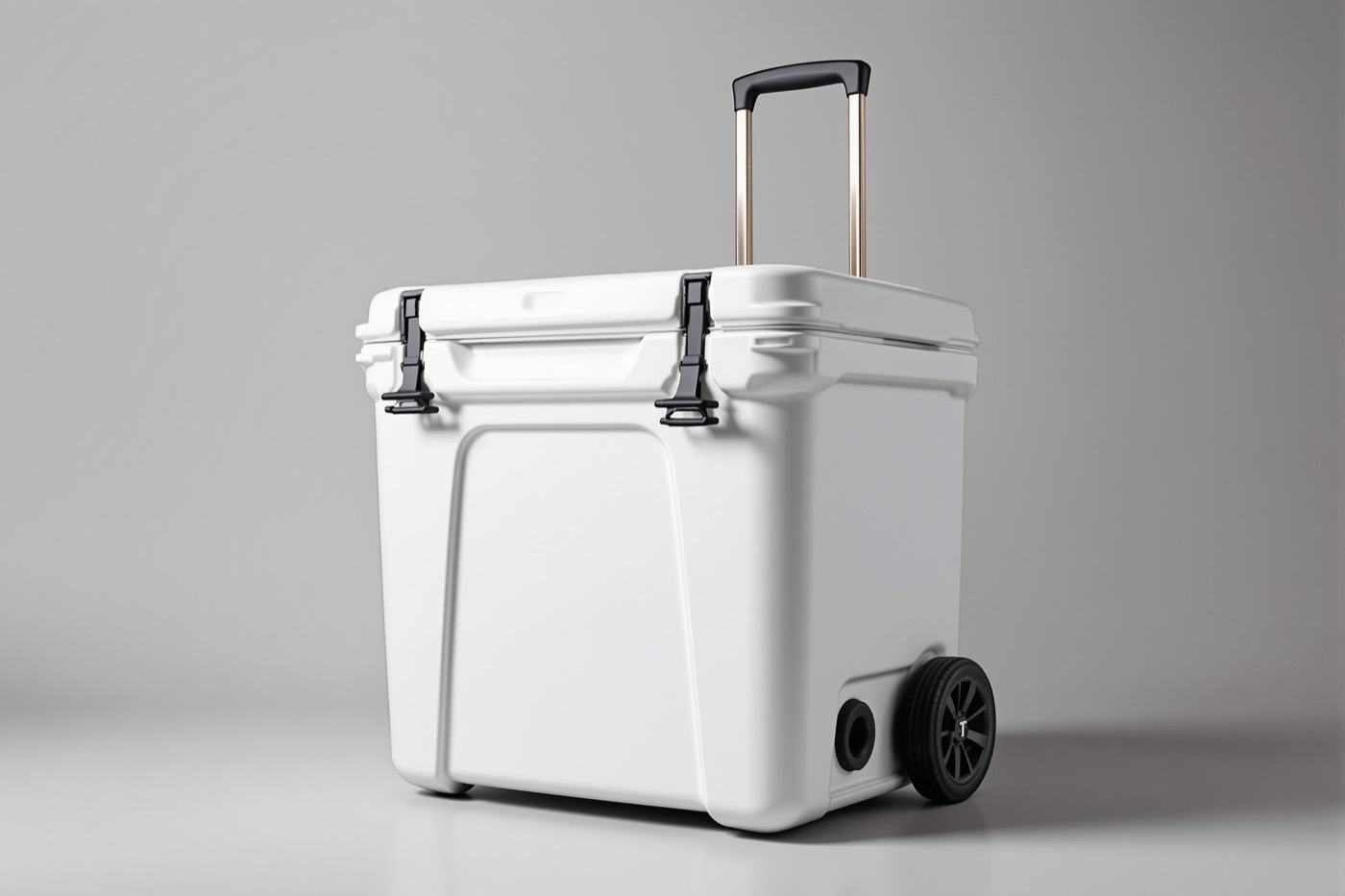 Illustration of a wide-bodied wheeled hard cooler, upright on two wheels with a telescoping pull handle extended