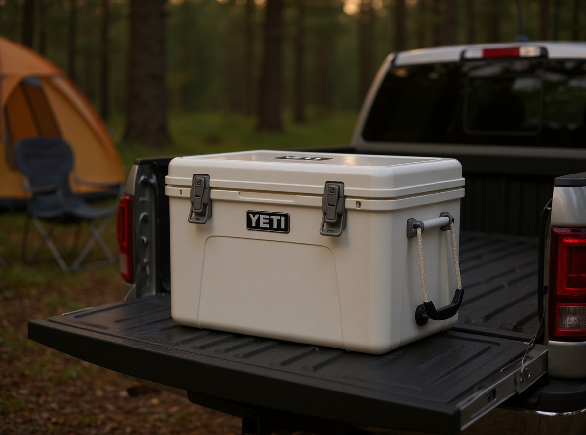A hard cooler on a pickup tailgate at a wooded campsite